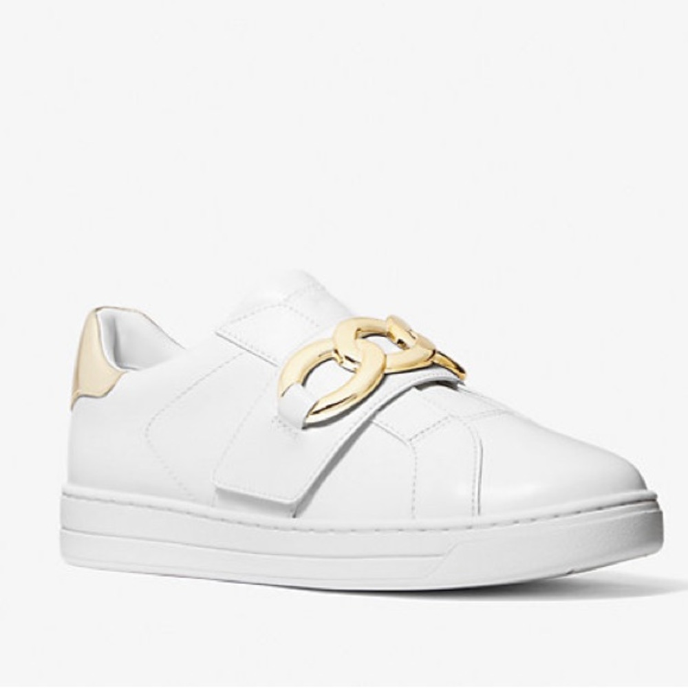 Michael Kors Kenna White and Gold Chain Sneakers, 11
